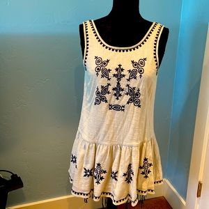 Anthropologie cream with blue embroidery mini dress - size medium